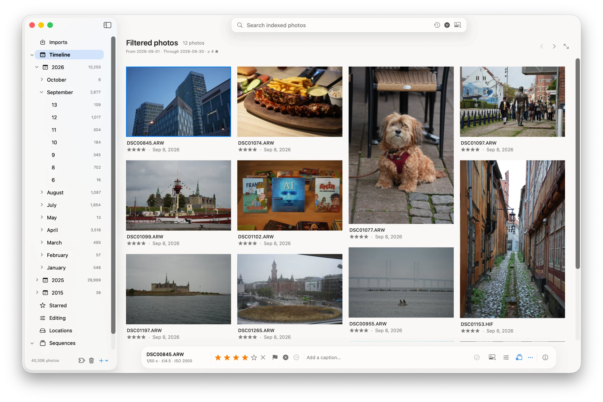 The Latent library window: a timeline sidebar beside a grid of photos filtered by date and rating